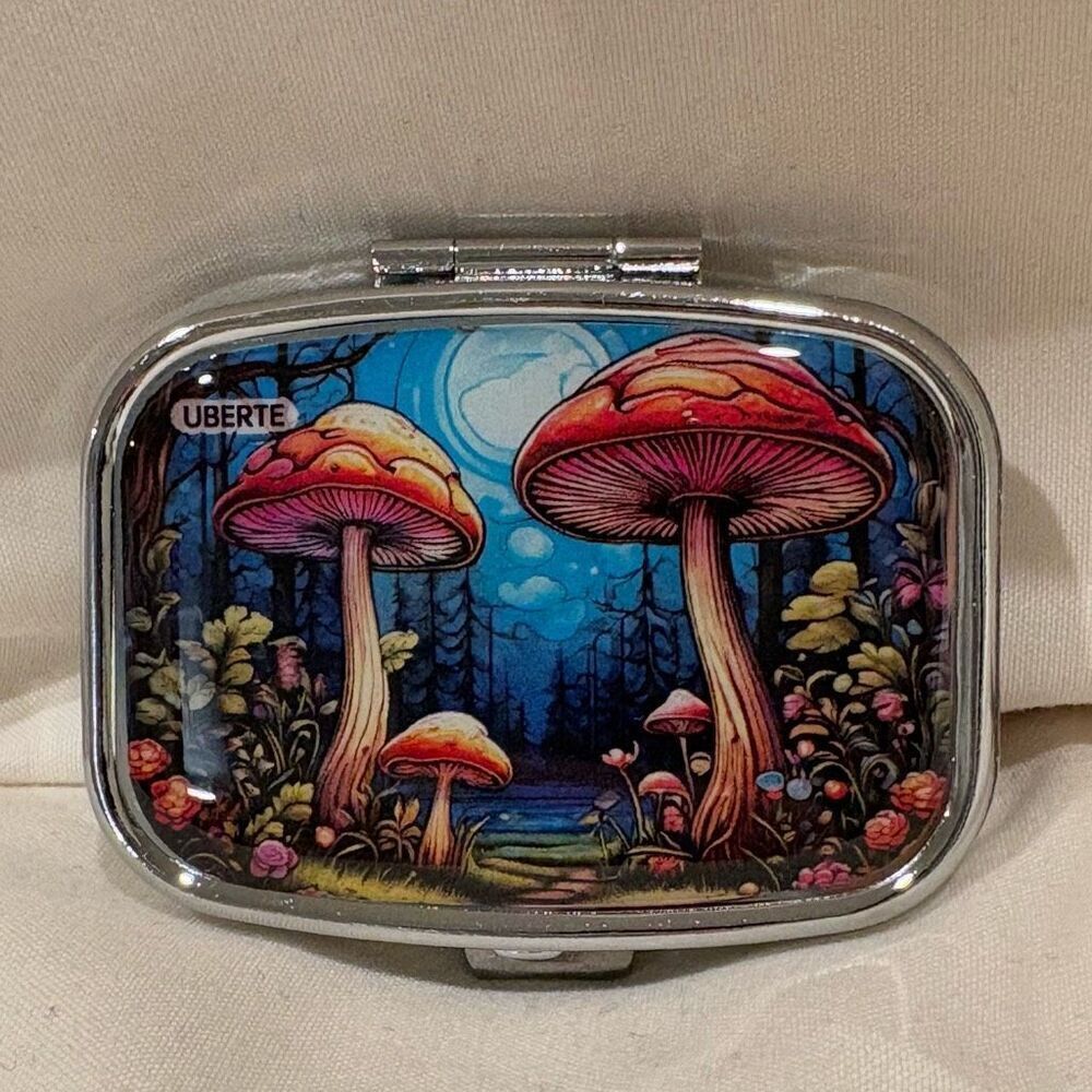 Mushrooms Night Travel Pill Box 2 Compartment Medicine Pill Case NEW
